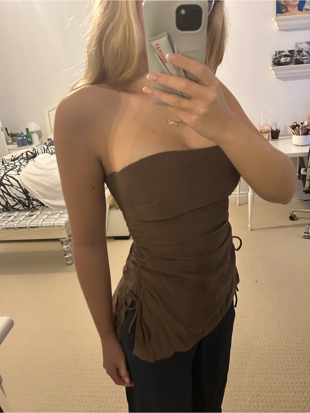 Strapless Brown Ruched Side Tie Top Zara  XS